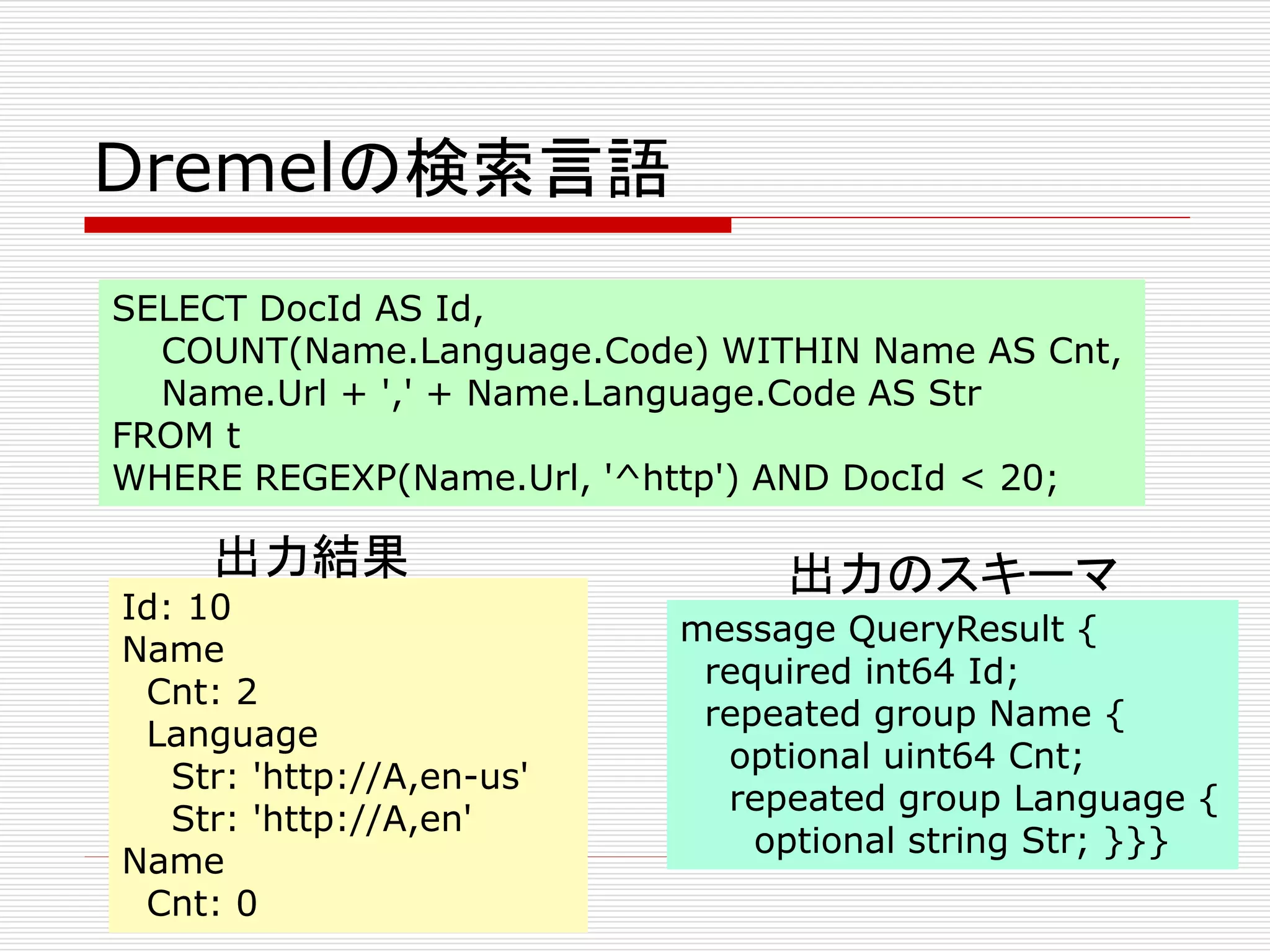 Dremelの検索言語
SELECT DocId AS Id,
COUNT(Name.Language.Code) WITHIN Name AS Cnt,
Name.Url + ',' + Name.Language.Code AS Str
FROM t
WHERE REGEXP(Name.Url, '^http') AND DocId < 20;

出力結果
Id: 10
Name
Cnt: 2
Language
Str: 'http://A,en-us'
Str: 'http://A,en'
Name
Cnt: 0

出力のスキーマ
message QueryResult {
required int64 Id;
repeated group Name {
optional uint64 Cnt;
repeated group Language {
optional string Str; }}}

 