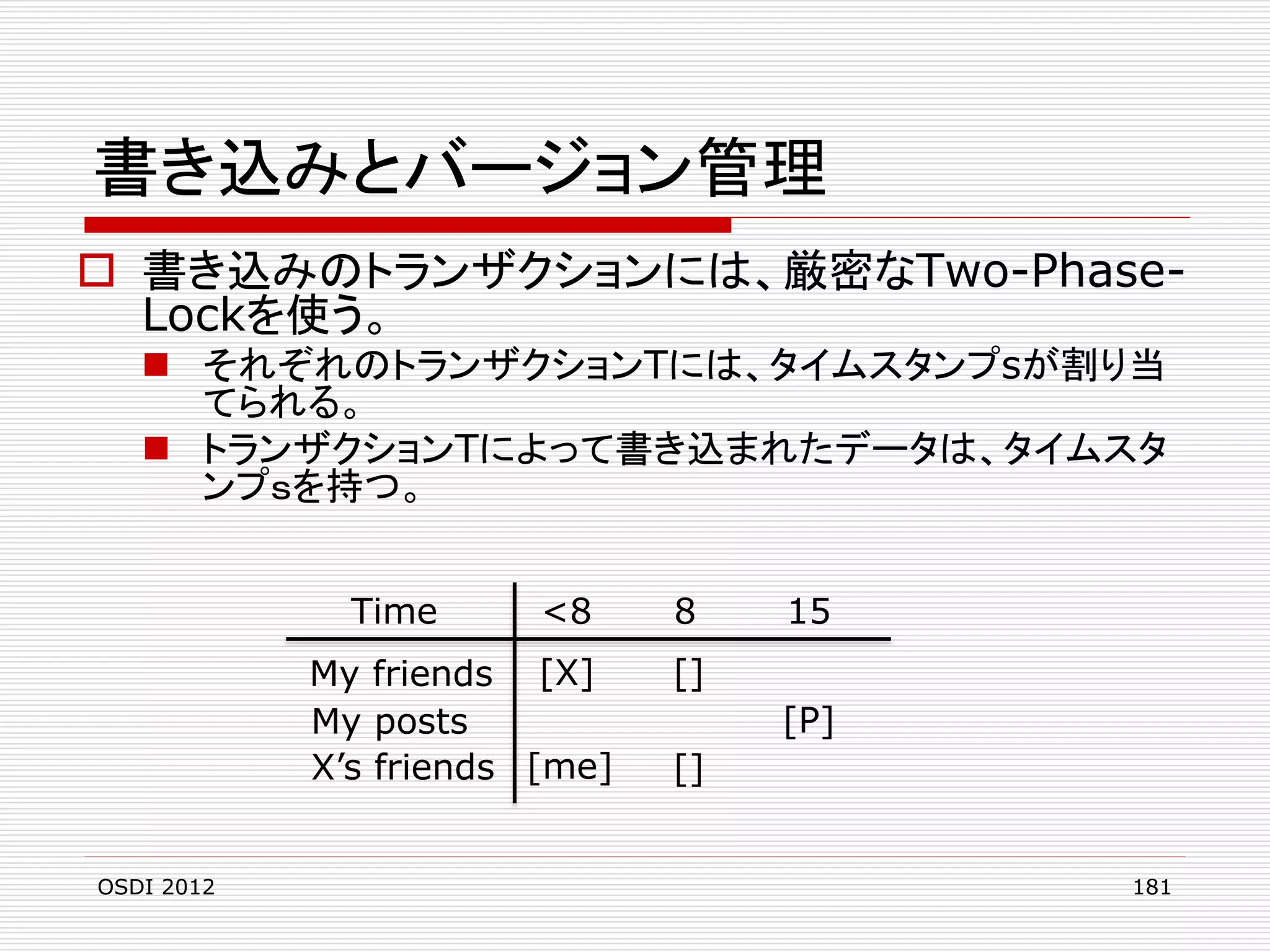 書き込みとバージョン管理
 書き込みのトランザクションには、厳密なTwo-PhaseLockを使う。
 それぞれのトランザクションTには、タイムスタンプsが割り当
てられる。
 トランザクションTによって書き込まれたデータは、タイムスタ
ンプｓを持つ。
Time

<8

My friends [X]
My posts
X’s friends [me]
OSDI 2012

8

15

[]
[P]

[]
181

 