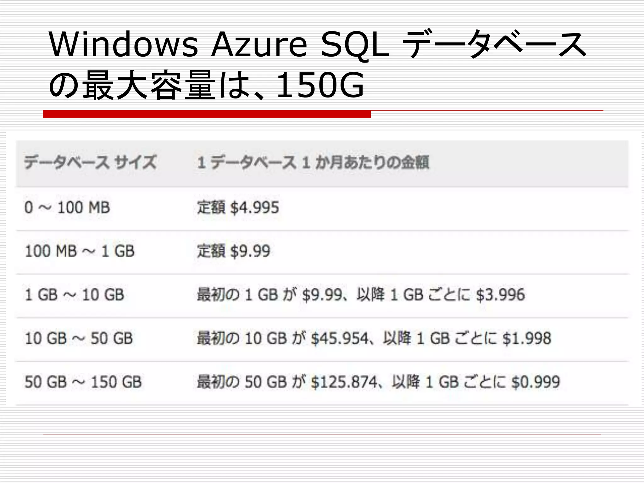 Windows Azure SQL データベース
の最大容量は、150G

 