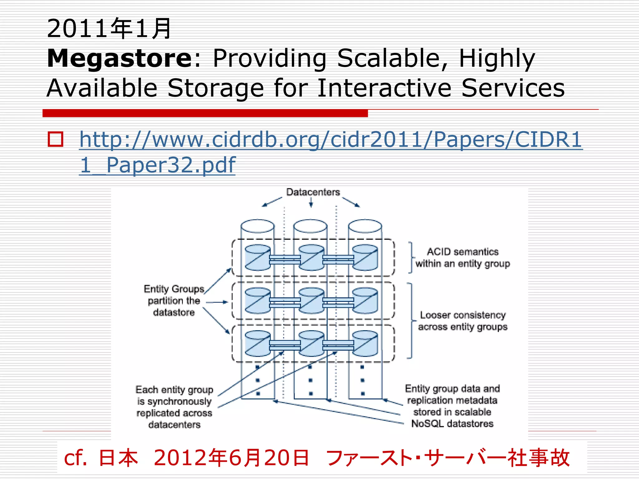 2011年1月
Megastore: Providing Scalable, Highly
Available Storage for Interactive Services
 http://www.cidrdb.org/cidr2011/Papers/CIDR1
1_Paper32.pdf

cf. 日本 2012年6月20日 ファースト・サーバー社事故

 