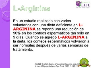 En un estudio realizado con varios
voluntarios con una dieta deficiente en L-
ARGININA se reportó una reducción de
90% en los conteos espermáticos tan sólo en
9 días. Cuando se agregó L-ARGININA a
la dieta, los conteos espermáticos volvieron a
ser normales después de varias semanas de
tratamiento.


             (Holt LE Jr, et al. Studies of experimental amino acid deficiency
             in man. I Nitrogen balance Fed. Prod. 1942; 1 : 116-117).
 