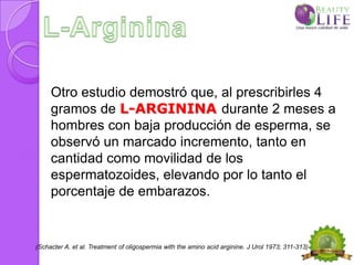 Otro estudio demostró que, al prescribirles 4
     gramos de L-ARGININA durante 2 meses a
     hombres con baja producción de esperma, se
     observó un marcado incremento, tanto en
     cantidad como movilidad de los
     espermatozoides, elevando por lo tanto el
     porcentaje de embarazos.


(Schacter A. et al. Treatment of oligospermia with the amino acid arginine. J Urol 1973; 311-313)
 