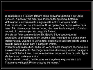 O desespero e a loucura tomam conta de Maria Eponina e de Chico Timóteo. A polícia veio dizer que Pintinha foi agredida, bateram, violentaram e atiraram nela e agora está entre a vida e a morte. Três meses de dor, de sofrimento. Duas operações depois voltou para casa. Tão doente, com tantas dores, não reconhecia ninguém. O velho negro Loio buscava paz no Largo da Palma. Um dia vai falar com o médico, Dr. Eulálio Sá, e soube que as operações só prolongaram um pouco a vida, mas que as dores seriam insuportáveis. Quando foi ver a neta, doeu muito seu coração de velho e saiu de cabeça baixa para o Largo da Palma. Procurou o farmacêutico, pediu um veneno para matar um cachorro que estava velho e doente. Ao chegar em casa, dissolve o veneno na água e dá para Pintinha. Lavou o copo muito bem, depois e ficou na sala. Agora ele tem uma morte nas mãos. A filha veio do quarto, “indiferente, sem lágrimas e quase sem voz: Traga uma vela, pai, Pintinha acaba de morrer.” 
