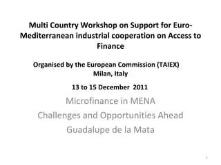 Multi Country Workshop on Support for Euro-Mediterranean industrial cooperation on Access to Finance Organised by the European Commission (TAIEX) Milan, Italy 13 to 15 December  2011 Microfinance in MENA Challenges and Opportunities Ahead Guadalupe de la Mata 