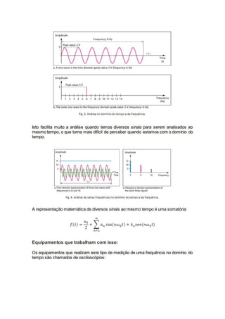 Isto facilita muito a análise quando temos diversos sinais para serem analisados ao
mesmo tempo, o que torna mais difícil de perceber quando estamos com o domínio do
tempo.
A representação matemática de diversos sinais ao mesmo tempo é uma somatória:
Equipamentos que trabalham com isso:
Os equipamentos que realizam este tipo de medição de uma frequência no domínio do
tempo são chamados de osciloscópios:
 
