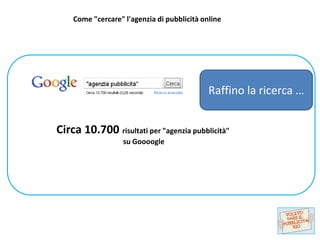 Come "cercare" l'agenzia di pubblicità online




                                             Raffino la ricerca …


Circa 10.700 risultati per "agenzia pubblicità"
                   su Goooogle
 