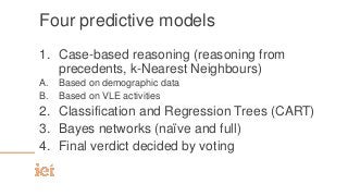 Four predictive models
1. Case-based reasoning (reasoning from
precedents, k-Nearest Neighbours)
A. Based on demographic data
B. Based on VLE activities
2. Classification and Regression Trees (CART)
3. Bayes networks (naïve and full)
4. Final verdict decided by voting
 
