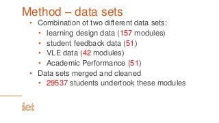 Method – data sets
• Combination of two different data sets:
• learning design data (157 modules)
• student feedback data (51)
• VLE data (42 modules)
• Academic Performance (51)
• Data sets merged and cleaned
• 29537 students undertook these modules
 