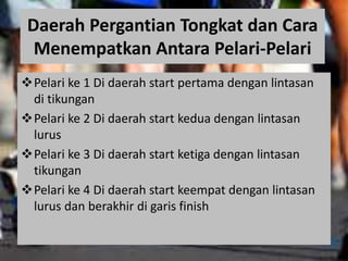 Daerah Pergantian Tongkat dan Cara
Menempatkan Antara Pelari-Pelari
Pelari ke 1 Di daerah start pertama dengan lintasan
di tikungan
Pelari ke 2 Di daerah start kedua dengan lintasan
lurus
Pelari ke 3 Di daerah start ketiga dengan lintasan
tikungan
Pelari ke 4 Di daerah start keempat dengan lintasan
lurus dan berakhir di garis finish
 
