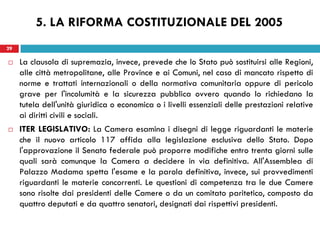 29
 La clausola di supremazia, invece, prevede che lo Stato può sostituirsi alle Regioni,
alle città metropolitane, alle Province e ai Comuni, nel caso di mancato rispetto di
norme e trattati internazionali o della normativa comunitaria oppure di pericolo
grave per l'incolumità e la sicurezza pubblica ovvero quando lo richiedano la
tutela dell'unità giuridica o economica o i livelli essenziali delle prestazioni relative
ai diritti civili e sociali.
 ITER LEGISLATIVO: La Camera esamina i disegni di legge riguardanti le materie
che il nuovo articolo 117 affida alla legislazione esclusiva dello Stato. Dopo
l'approvazione il Senato federale può proporre modifiche entro trenta giorni sulle
quali sarà comunque la Camera a decidere in via definitiva. All'Assemblea di
Palazzo Madama spetta l'esame e la parola definitiva, invece, sui provvedimenti
riguardanti le materie concorrenti. Le questioni di competenza tra le due Camere
sono risolte dai presidenti delle Camere o da un comitato paritetico, composto da
quattro deputati e da quattro senatori, designati dai rispettivi presidenti.
29
5. LA RIFORMA COSTITUZIONALE DEL 2005
 