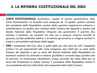 31
 CORTE COSTITUZIONALE: Aumentano i giudici di nomina parlamentare nella
Corte Costituzionale. La Consulta sarà composta da 15 giudici: quattro nominati
dal presidente della Repubblica, quattro dalle supreme magistrature ordinaria e
amministrative; tre giudici sono nominati dalla Camera dei deputati e quattro dal
Senato federale della Repubblica integrato dai governatori. È previsto che,
concluso il mandato, nei successivi tre anni non si possano ricoprire incarichi di
governo, cariche pubbliche elettive o di nomina governativa o svolgere funzioni in
organi o enti pubblici individuati dalla legge.
 CSM: I componenti del Csm, oltre a quelli eletti per due terzi da tutti i magistrati
ordinari tra gli appartenenti alle varie categorie, sono eletti per un sesto dalla
Camera dei deputati e per un sesto dal Senato federale della Repubblica tra
professori ordinari di università in materie giuridiche e avvocati dopo quindici anni
di esercizio. La Costituzione attualmente, invece, prevede che siano eletti per un
terzo dal Parlamento in seduta comune. Il presidente della Repubblica nomina il
vice presidente del Csm nell'ambito dei componenti eletti dalle Camere.
31
5. LA RIFORMA COSTITUZIONALE DEL 2005
 