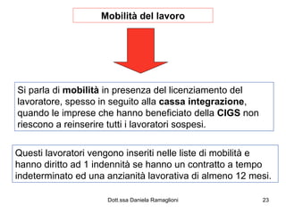 Mobilità del lavoro Si parla di  mobilità  in presenza del licenziamento del lavoratore, spesso in seguito alla  cassa integrazione , quando le imprese che hanno beneficiato della  CIGS  non riescono a reinserire tutti i lavoratori sospesi. Questi lavoratori vengono inseriti nelle liste di mobilità e hanno diritto ad 1 indennità se hanno un contratto a tempo indeterminato ed una anzianità lavorativa di almeno 12 mesi. 