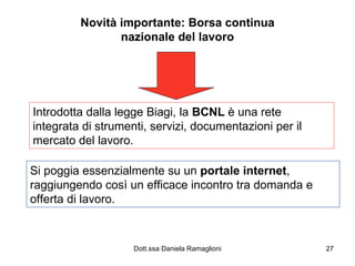 Novità importante: Borsa continua nazionale del lavoro Introdotta dalla legge Biagi, la  BCNL  è una rete integrata di strumenti, servizi, documentazioni per il mercato del lavoro. Si poggia essenzialmente su un  portale internet , raggiungendo così un efficace incontro tra domanda e offerta di lavoro. 