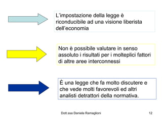 L’impostazione della legge è riconducibile ad una visione liberista dell’economia Non è possibile valutare in senso assoluto i risultati per i molteplici fattori di altre aree interconnessi È una legge che fa molto discutere e che vede molti favorevoli ed altri analisti detrattori della normativa. 
