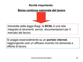 Novità importante:  Borsa continua nazionale del lavoro Introdotta dalla legge Biagi, la  BCNL  è una rete integrata di strumenti, servizi, documentazioni per il mercato del lavoro. Si poggia essenzialmente su un  portale internet , raggiungendo così un efficace incontro tra domanda e offerta di lavoro. 