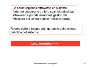 Le borse regionali attraverso un sistema federato cooperano tra loro scambiandosi dati attraverso il portale nazionale gestito dal Ministero del lavoro e delle Politiche sociali. www.borsalavoro.it Regole certe e trasparenti, garantite dalla natura pubblica del sistema 