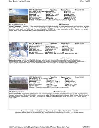 3 per Page - Listing Report                                                                                                   Page 1 of 22



                                  IRES MLS #: 645895                 Type: Res      Status: Active        Price: $51,400
                                  2519 W CO RD 60 E, Fort Collins 80524                  A/SA: 9/23
                                  Locale: Fort Collins       County: Larimer             Sub: Sunny Acres
                                  Bedrooms: 3                Baths: 2 (F 1 T 0 H 1)      Garage: 0 None
                                  Total SqFt: 952            FinExclBsmt: 952            FinIncBsmt: 952
                                  Style: 1 Story/Ranch       Built: 1984                 Taxes: $776 / 2009
                                  Lot Size: 39051            App Acres: 0.89             PIN: 9804407010
                                  District: Poudre Elem: Cache La Poudre Mid: Cache La Poudre High: Poudre


LO: RE/MAX Advanced Inc.                                                                LA: Gary Harper
Listing Comments: 3 bedroom, 1.5 bath manufactured home on .89 acres. sold as is. Please see extras for offer instructions. No intent
letters. Must attached pre qual of proof of cash funds with all offers. Fax and email all offers. Please allow 3-5 days for response. This
property is elgible under the Freddie Mac First Look initiative thru Jan 30th. No investor offers before Jan 30th. Financing may be very
hard to obtain. Great potential for a fixer upper. See extras for offer instructions.




                                  IRES MLS #: 646259                Type: Res       Status: Active        Price: $59,900
                                  1324 E 7th St, Loveland 80537                      A/SA: 8/15
                                  Locale: Loveland         County: Larimer           Sub: Boyd
                                  Bedrooms: 2              Baths: 1 (F 1 T 0 H 0)    Garage: 1 Detached
                                  Total SqFt: 890          FinExclBsmt: 890          FinIncBsmt: 890
                                  Style: 1 Story/Ranch     Built: 1909               Taxes: $826 / 2009
                                  Lot Size: 6353           App Acres: 0.15           PIN:
                                  District: Thompson R2-J Elem: Winona Mid: Ball (Conrad) High: Mountain View


LO: RE/MAX of Boulder, Inc                                                               LA: Chris Carter
Listing Comments: FANNIE MAE OWNED. Best way to finance with Homepath Renovation Mortgage FINANCING, see
homepath.com, with 3% down. BIG time FIXER UPPER! This property is very rough. Sold "AS-IS". Measurements, dimensions, &
square footage approximate - Buyer to verify. Addendum, Offer Instructions, etc. on IRES. Please review thoroughly.




                                  IRES MLS #: 638571                Type: Res       Status: Active        Price: $99,900
                                  130 W Skyway Dr, Fort Collins 80525                     A/SA: 9/19
                                  Locale: Fort Collins       County: Larimer              Sub: Skyview
                                  Bedrooms: 3                Baths: 2 (F 1 T 0 H 1)       Garage: 0 None
                                  Total SqFt: 1152           FinExclBsmt: 1152            FinIncBsmt: 1152
                                  Style: 1 Story/Ranch       Built: 1977                  Taxes: $929 / 2009
                                  Lot Size: 9583             App Acres: 0.22              PIN: 9611111013
                                  District: Poudre Elem: Lopez Mid: Webber High: Rocky Mountain


LO: Pro Realty Old Town                                                      LA: Matthew Revitte
Listing Comments: This property is to be placed in an upcoming auction. All auction properties are subject to a 5% buyers premium
pursuant to the Auction Terms and Conditions (minimums will apply). Contact Listing Agent for details. Great Value in Skyview (Sold for
$140,000 in 2006), Fresh Interior Paint, New Floor Coverings, Walk-Out Deck Overlooking Large Yard. PROPERTY SOLD AS OS
CONDITION.




                    Prepared For: www.ShannanRealEstate.com - Prepared By: Shannan Zitney - Feb 28, 2011 11:44:27 AM
          Information deemed reliable but not guaranteed. MLS content and images Copyright 1995-2011, IRES LLC. All rights reserved.




http://www.iresis.com/MLS/awa/reports/listing?reportName=Three_per_Page                                                          2/28/2011
 