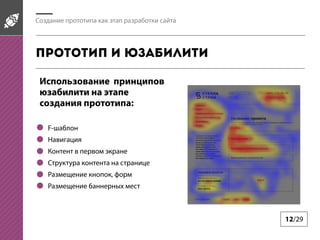 12/29
Создание прототипа как этап разработки сайта
Прототип и юзабилити
F-шаблон
Навигация
Контент в первом экране
Структура контента на странице
Размещение кнопок, форм
Размещение баннерных мест
Использование принципов
юзабилити на этапе
создания прототипа:
 