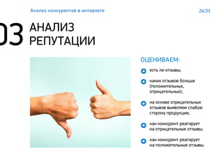 24/33
АНАЛИЗ
РЕПУТАЦИИ
Анализ конкурентов в интернете
есть ли отзывы;
каких отзывов больше
(положительных,
отрицательных);
на основе отрицательных
отзывов выявляем слабую
сторону продукции;
как конкурент реагирует
на отрицательные отзывы;
как конкурент реагирует
на положительные отзывы.
ОЦЕНИВАЕМ:
 