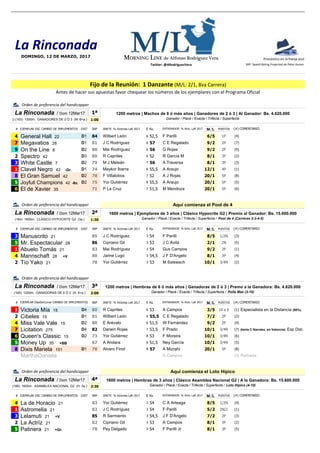 La Rinconada
Pronóstico en la franja azul
SRP: Speed Rating Projected de Peter Karam
Fijo de la Reunión: 1 Danzante (M/L: 2/1, 8va Carrera)
Antes de hacer sus apuestas favor chequear los números de los ejemplares con el Programa Oficial
DOMINGO, 12 DE MARZO, 2017
La Rinconada
Orden de preferencia del handicapper
MORNING LINE de Alfonso Rodriguez Vera
Twitter: @ARodriguezVera
1ª
1:00
# EJEMPLAR DSC CAMBIO DE IMPLEMENTOS DIST SRP JINETE % Victorias LaR 2017 E Ks. MMMMl/lLLLL PUESTOS
4 General Hall 22 D1 84 Wilbert León 6 52,5 F Parilli 6/5 1P .(4)
7 Megavatios 28 D1 81 J C Rodríguez 6 57 C E Regalado 9/2 2P .(7)
9 On the Line 8 D2 80 Mai Rodríguez 6 56 G Rojas 9/2 2P .(9)
2 Spectro D3 80 R Capriles 6 52 R García M 8/1 3P .(2)
ENTRENADOR % Victs. LaR 2017
Ganador / Placé / Exacta / Trifecta / Superfecta
(#) COMENTARIO
() (163) 1200m. GANADORES DE 2 Ó 3 (M. 6+a.)
1200 metros | Machos de 6 ó más años | Ganadores de 2 ó 3 | Al Ganador: Bs. 4.620.000
Orden de preferencia del handicapper
La Rinconada / Dom 12Mar17
2 Spectro 42 D3 80 R Capriles 6 52 R García M 8/1 3P .(2)
3 White Castle 7 D2 79 M J Meleán 7 56 A Traversa 8/1 3P .(3)
1 Clavel Negro 42 -Gr. D1 74 Maykor Ibarra 6 55,5 A Araujo 12/1 4P .(1)
8 El Gran Samuel 42 D2 78 F Villalobos 7 52 A J Rojas 20/1 5P .(8)
5 Joyfull Champions 42 -Bz. D2 75 Yor Gutiérrez 8 55,5 A Araujo 20/1 5P .(5)
6 El de Xavier 35 71 P La Cruz 7 51,5 M Mendoza 20/1 5P .(6)
Orden de preferencia del handicapper Aquí comienza el Pool de 4
2ª
1:30
# EJEMPLAR DSC CAMBIO DE IMPLEMENTOS DIST SRP JINETE % Victorias LaR 2017 E Ks. MMMMl/lLLLL PUESTOS
3 Manuscrito 21 85 J C Rodríguez 3 54 F Parilli 8/5 1/2N .(3)
5 Mr. Espectacular 28 86 Cipriano Gil 3 53 J C Avila 2/1 2N .(5)
1 Abuelo Tomás 21 83 Mai Rodríguez 3 54 Gus Campos 9/2 2P .(1)
4 Mannschaft 28 +V 80 Jaime Lugo 3 54,5 J F D'Angelo 8/1 3P .(4)
(164) 1600m. CLÁSICO HYPOCRITE G2 (3a.)
La Rinconada / Dom 12Mar17
(#) COMENTARIO
Orden de preferencia del handicapper Aquí comienza el Pool de 4
ENTRENADOR % Victs. LaR 2017
1600 metros | Ejemplares de 3 años | Clásico Hypocrite G2 | Premio al Ganador: Bs. 15.600.000
Ganador / Placé / Exacta / Trifecta / Superfecta / Pool de 4 (Carreras 2-3-4-5)
4 Mannschaft 28 +V 80 Jaime Lugo 3 54,5 J F D'Angelo 8/1 3P .(4)
2 Tío Yako 21 78 Yor Gutiérrez 3 53 M Salswach 10/1 3/4N .(2)
3ª
2:00
# SRP JINETE % Victorias LaR 2017 E Ks. MMMMl/lLLLL PUESTOS
1 Victoria Mía D4 80 R Capriles 53 A Campos 3/5 10 a 6 .(1) Especialista en la Distancia
1200 metros | Hembras de 6 ó más años | Ganadoras de 2 ó 3 | Premo a la Ganadora: Bs. 4.620.000La Rinconada / Dom 12Mar17
Orden de preferencia del handicapper
(165) 1200m. GANADORAS DE 2 Ó 3 (H. 6+a.)
ENTRENADOR % Victs. LaR 2017
Ganador / Placé / Exacta / Trifecta / Superfecta / Polla Max (3-10)
(#) COMENTARIOEJEMPLAR DíasSinCorrer CAMBIO DE IMPLEMENTOS
1 Victoria Mía 15 D4 80 R Capriles 6 53 A Campos 3/5 10 a 6 .(1) Especialista en la Distancia (50%)
2 Cibeles 15 D1 81 Wilbert León 6 55,5 C E Regalado 7/2 2P .(2)
4 Miss Vale Vale 15 D2 80 E Arévalo 6 51,5 W Fernández 9/2 2P .(4)
7 Licitation 275 D4 82 Darwin Rojas 7 53,5 F Prado 10/1 3/4N .(7) (tenía C Narváez, en Valencia) Esp Dist.
6 Queen's Classic 15 D2 73 Yor Gutiérrez 8 53 F Moreira 10/1 3/4N .(6)
5 Money Up 35 +BB 67 A Andara 6 51,5 Ney García 10/1 3/4N .(5)
8 Dixis Mariela 151 D1 78 Alvaro Finol 8 57 A Mizrahi 20/1 5P .(8)
MarthaDaniela A Campos .(3) RetiradaMarthaDaniela
4ª
2:30
# EJEMPLAR DSC CAMBIO DE IMPLEMENTOS DIST SRP JINETE % Victorias LaR 2017 E Ks. MMMMl/lLLLL PUESTOS
4 La de Horacio 21 83 Yor Gutiérrez 3 54 C A Arteaga 8/5 1/2N .(4)
1 Astromelia 21 82 J C Rodríguez 3 54 F Parilli 5/2 2N/2 .(1)
Ganador / Placé / Exacta / Trifecta / Superfecta / Loto Hípico (4-10)
Orden de preferencia del handicapper
1600 metros | Hembras de 3 años | Clásico Asamblea Nacional G2 | A la Ganadora: Bs. 15.600.000
(166) 1600m. ASAMBLEA NACIONAL G2 (H. 3a.)
ENTRENADOR % Victs. LaR 2017 (#) COMENTARIO
Aquí comienza el Loto Hípico
La Rinconada / Dom 12Mar17
1 Astromelia 21 82 J C Rodríguez 3 54 F Parilli 5/2 2N/2 .(1)
3 Lelamuti 21 +V 85 R Sarmiento 3 54,5 J F D'Angelo 7/2 2P .(3)
2 La Actríz 21 82 Cipriano Gil 3 53 A Campos 8/1 3P .(2)
5 Patinera 21 +Gr. 78 Pey Delgado 3 54 F Parilli Jr 8/1 3P .(5)
 