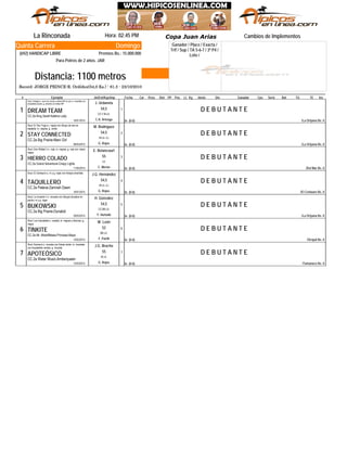 Copa "Juan Arias" (L)
Domingo
Jinete
La Rinconada Hora: 02:45 PM
Record: JORGE PRINCE-R. Ordóñez(54,0 Ks.) - 61.3 - 23/10/2010
Distancia: 1100 metros
Ganador / Place / Exacta /
Trif / Sup / TA 5-6-7 / 3ª P4 /
Loto /
Quinta Carrera
(692) HANDICAP LIBRE Premios Bs.: 15.000.000
Para Potros de 2 años. JAR
# Ejemplar Jin/Ent/Kgs/imp CarFecha Dist PPPeso TGPos SerieDiv.Ll. Kg Ganador RatCps TE Ins
Cambios de Implementos
D E B U T A N T E
CC.2a King Seraf-Adelina Lady
1
De (0-0)16/01/2015
DREAM TEAM
/La Orlyana Bs. 0
Stud: Octagón-c. azul con círculo y letras WP en p/e; m. amarillas con
brazaletes azules; g. amarilla con letras WP
1
C.A. Arteaga
CC.V.M.LA.
54,5
J. Urdaneta
D E B U T A N T E
CC.2a Big Prairie-Mani Girl
2
De (0-0)08/03/2015
STAY CONNECTED
/La Orlyana Bs. 0
Stud: El Oso Yogui-c. negra con dibujo de oso en
espalda; m. negras; g. verde
2
G. Rojas
M.LA. (L)
54,5
M. Rodríguez
D E B U T A N T E
CC.2a Grand Adventure-Crispy Lights
3
De (0-0)11/05/2015
HIERRO COLADO
/Del Mar Bs. 0
Stud: Don Rafael V-c. roja; m. negras; g. roja con visera
negra
3
C. Morón
LA.
55
E. Betancourt
D E B U T A N T E
CC.2a Patena-Zamnah Dawn
4
De (0-0)16/01/2015
TAQUILLERO
/El Centauro Bs. 0
Stud: El Centauro-c, m y g. rojas con franjas amarillas
4
G. Rojas
M.LA. (L)
54,5
J.G. Hernández
D E B U T A N T E
CC.2a Big Prairie-Dynabid
5
De (0-0)29/03/2015
BUKOWSKI
/La Orlyana Bs. 0
Stud: La Invasión I-c. morada con dibujos dorados en
pecho; m y g. rojas
5
Y. Hurtado
CC.BB.LA.
54,5
H. González
D E B U T A N T E
CC.2a Mr. Mistoffelees-Princesa Maya
6
De (0-0)10/02/2015
TINKITE
/Oropal Bs. 0
Stud: Los Intocables-c. rosada; m. negras y blancas; g.
negra
6
F. Parilli
BB.LA.
52
W. León
D E B U T A N T E
CC.2a Water Music-Amberqueen
7
De (0-0)15/03/2015
APOTEÓSICO
/Tamanaco Bs. 0
Stud: Karnavic-c. morada con franja verde; m. moradas
con brazaletes verdes; g. morada
7
G. Rojas
M.LA.
55
J.G. Bracho
Copa Juan Arias
 