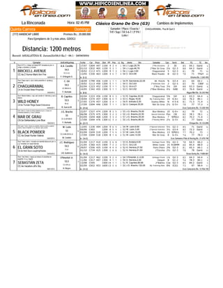 Clásico "Grano De Oro" (G3)
Domingo
Jinete
CHAGUARAMAL: Pus.M Quit.V
La Rinconada Hora: 02:45 PM
Record: ASIALATINA-E. Jaramillo(56,0 Ks.) - 68.1 - 28/08/2004
Distancia: 1200 metros
Ganador / Place / Exacta /
Trif / Sup / TA 5-6-7 / 3ª P4 /
Loto /
Quinta Carrera
(777) HANDICAP LIBRE Premios Bs.: 20.000.000
Para Ejemplares de 3 y más años. GDOG3
# Ejemplar Jin/Ent/Kgs/imp CarFecha Dist PPPeso TGPos SerieDiv.Ll. Kg Ganador RatCps TE Ins
Cambios de Implementos
C60417/07 447 1100 4 13 4 6J. Lugo,28,76 2ºRío Araciama54 2 JD 85 64.1 Ganó
C83201/10 465 1100 5 13 1 6J. Lugo,46,78 2ºMar De Grau54 2¼ G2-3 88 64.3 Ganó
C11319/02 471 1200 9 37 3 10J. Lugo,3,60 Chaguaramal56 5 G2-3 81 70 71
TPartC33013/05 463 1200 3 45 7 10C. Gil,4,80 Black Powder54 8 G2-3 78 71CC.4a Z Humor-Mark Aim Fire
1
De (5-3)16/05/2013
BRICKELL AVENUE
/Urama Bs. 3.365.450
Stud: B-7C-c, índigo con letras B7C doradas en p/e; m.
índigo y doradas; g. dorada
1
F. D'Angelo G.
CC.V.LA.
54,5
A.A. Castillo
C79918/09 456 1100 1 21 1 5R. Sarmiento,22,00 Mr. Ponchi54 ¾ G3-4 85 64 64.1
CBAfC11319/02 450 1200 5 11 1 10C. Gil,3,63 2ºSebastián Zeta54 2 G2-3 85 70
C22302/04 452 1100 5 11 1 8C. Gil,4,27 2ºRey Tesa52 3¼ GH 88 63.3 Ganó
C34214/05 455 1300 5 11 1 6C. Gil,3,62 2ºBlue Monkey53 4¼ GAB 85 76.4 GanóCA.4a Chrystal Water-Pimpinela
2
De (8-6)16/02/2013
CHAGUARAMAL
/Agua Miel Bs. 26.343.960
Stud: Papa Juan-c. azul, bolos amarillos m. azules g.
amarilla
2
Y. Hurtado
CC.BB.M.LA.
54,5
C. Gil
C22302/04 456 1100 8 35 3 8R. Capriles,30,00 Chaguaramal53 5¾ GH 83 63.3 64.4
C27419/04 457 1300 6 95 7 9C. Rojas,18,00 My Trainning Mate53 19 G-6+ 68 76.2 80.1
C37927/05 457 1200 3 24 1 9E. Arévalo,5,20 Stanley White54 ¾ 4-5-6 81 71.3 71.4
C69417/09 446 1300 7 31 1 9U. Casique,35,00 Mar De Grau50 2½ G-5+ 78 77 77.3CA.6a Thunder Ridge-Sweet Endurance
3
De (23-6)04/04/2011
WILD HONEY
/Los Caracaros Bs. 13.330.104
Stud: Mamá Adela-c. roja, estr azules m. blancas g. azul y
blanco
3
R. García M.
M.LA.
53,5
R. Capriles
C52722/07 474 1200 8 33 5 6J.G. Bracho,76,00 Blue Monkey55 10 G-6+ 82 70 72
C57506/08 475 1300 3 22 3 5J.G. Bracho,22,50 Special Selection55 Pzo CB 80 78.1 78.1
C65903/09 468 1200 3 33 4 7J.G. Bracho,35,00 Blue Monkey57 7 SPRG1 82 70.2 71.4
C69417/09 476 1300 11 13 2 9J.G. Bracho,86,93 2ºStanley White55 2½ G-5+ 81 77 GanóCA.5a Deliberately-Love Blue
4
De (23-7)19/02/2012
MAR DE GRAU
/Oropal Bs. 25.133.898
Stud: Vale In-c. fucsia con dibujo plateado en p/e; m. fucsia con
brazaletes plateados; g. fucsia y plateada
4
Y. Hurtado
CC.G.GR.BB.M.
55
J.G. Bracho
C33013/05 494 1200 9 16 5 10W. León,6,60 2ºSpecial Selection54 5½ G2-3 85 71 Ganó
C40204/06 1200 6 15 4 7W. León,3,45 2ºSpecial Selection53 3½ G3-4 80 72.3 Ganó
C65903/09 519 1200 7 55 5 7W. León,15,00 Blue Monkey57 13 SPRG1 77 70.2 73
C69417/09 518 1300 8 47 6 9W. León,12,00 Mar De Grau51 8 G-5+ 74 77 78.3CC.4a Great Hunter-Valeria
5
De (16-5)04/03/2013
BLACK POWDER
/Los Samanes Polo & Racing Bs. 21.670.740
Stud: Igual - Poca-c. blanca con estrella y letras en pecho y cuadros
azules y rojos en espalda; m y g. blancas, rojas y azules
5
M. Contini
CC.G.BB.GR.M.LA.
53
W. León
C21701/04 410 1100 2 76 8 9A. Andara,9,00 Santiago Friend53 9¼ G2-3 78 64.3 66.2
C36021/05 415 1400 7 62 2 6C. Gil,2,20 White Castle53 15 R18MM 66 85.4 88.4
C55629/07 425 1100 4 44 4 8A. Herrera,27,50 Parla Chiaro52 2¾ G2-3 81 65.3 66.1
C73401/10 415 1300 1 16 6 13A. Herrera,51,60 2ºExcelso52 2½ G2-3 78 78 GanóCA.5a Hard Spun-Laughingtheisles
6
De (16-4)04/04/2012
EL GRAN SOTO
/Gran Derby Bs. 9.000.081
Stud: Team Josh-c. morada con estrella blanca en p/e; m
y g. moradas con rayas blancas
6
J.B. Gutiérrez
V.LA.
54,5
J.C. Rodríguez
C21701/04 462 1100 5 32 4 9I.Pimentel Jr.,4,00 Santiago Friend54 1¼ G2-3 85 64.3 64.4
C41711/06 447 1300 4 51 1 9A. Herrera,2,40 Daiquirí54 8 G1-2 74 78.3 80.1
C59513/08 1400 14 11 1 5R. Capriles,86,88 2ºBakhos51 Cza G2-3 85 84.2 Ganó
C65202/09 453 1600 13 75 6 11J.G. Bracho,120,00 My Trainning Mate55 8¾ ICG1 73 97 98.4CC.4a Vacation-Jill's Sky
7
De (13-3)08/01/2013
SEBASTIÁN ZETA
/Los Caracaros Bs. 12.936.150
Stud: Tato Zeta-c. negra con letras LA amarillas en
espalda; m y g. negras
7
H. Reyes
CC.GR.LA.
53,5
I.Pimentel Jr.
Clásico Grano De Oro (G3)
 