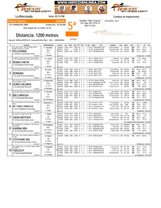 5ª
Sábado
Jinete
PELEGRINA: Quit.V
La Rinconada Hora: 05:15 PM
Record: ASIALATINA-E. Jaramillo(56,0 Ks.) - 68.1 - 28/08/2004
Distancia: 1200 metros
Ganador / Place / Exacta /
Trif / Sup / DP / 3ª P4 / 5ª
5y6 / 6ª Loto /
Octava Carrera
(771) HANDICAP LIBRE Premios Bs.: 10.164.000
Para Yeguas de 3 y 4 años. G1-34
# Ejemplar Jin/Ent/Kgs/imp CarFecha Dist PPPeso TGPos SerieDiv.Ll. Kg Ganador RatCps TE Ins
Cambios de Implementos
C44218/06 427 1200 10 41 1 11E. Fuenmayor,7,00 Annie Martina54 3 Per3a 69 74.1 74.4
C50109/07 1100 6 21 2 9Ak. Gutiérrez,6,00 Deslumbrante52 2½ Per3a 85 64.1 64.4
C56029/07 425 1200 6 11 1 11F. González,60,24 2ºPrincess Mila55 2½ Per3a 81 72.1 Ganó
YC.3a Miner's Lamp-Rosalba Yankee
1
De (3-1)20/03/2014
PELEGRINA
/Paumar Bs. 7.714.850
Stud: Yogui is Back-c. negra con detalles dorados,
espalda con dibujo; m y g. negras
1
Y. Hurtado
CC.LA.
52,5
F. González
C78411/09 391 1200 7 14 4 7J.J. Zerpa,161,11 2ºMalicia54 3¼ LANG3 78 73 Ganó
C52322/07 373 1200 2 76 8 9J.J. Zerpa,12,00 Gran Escarlata54 11 G1-3a 74 71.4 74
C58712/08 1300 2 33 3 7J.J. Zerpa,45,00 Docoreña54 2¾ G1-3a 77 79.1 79.4
YC.3a Runspastum-Arnely Princess
2
De (3-1)28/01/2014
REINA CHICHI
/La Alhambra Bs. 2.376.270
Stud: Alhambra-c. blanca con rombos azules en pecho; espalda azul;
m. azules con brazaletes amarillos y rojos; g. azul con pompón rojo
2
L. Valerón
M.LA.
54,5
J.J. Zerpa
C46225/06 384 1100 8 32 2 14W. León,12,00 Gran Mother50 2¾ Per3a 73 66.4 67.2
C54223/07 388 1100 13 15 1 13W. León,3,37 2ºKarina Mía50 7¼ Per3a 80 66 Ganó
C62826/08 390 1100 4 24 4 7W. León,17,50 Pinkie Pie51 4¼ G1-3a 80 65.1 66
C69617/09 395 1200 6 101 3 10W. León,17,50 Deslumbrante52 18 G1-3a 64 71.1 74.4YZ.3a Jupiter Pluvius-Little Girlfriend
3
De (5-1)08/03/2014
ROMANA
/La Mulera Bs. 7.537.210
Stud: V&V-c. blanca con franjas naranja en V y dibujo en espalda; m.
blancas con franjas naranja; g blanca con pompón naranja
3
N. Castillo
CC.V.GR.LA.
52,5
W. León
C15005/03 488 1100 7 106 7 13R.E. Ibarra,100,00 Pinkie Pie52 19 Per3a 68 64.4 68.3
C24609/04 466 1500 12 51 7 10V. Rodríguez,102,00 Reyna Casandra52 6½ Per3a 66 93.3 95
C62320/08 1200 1 44 4 13B. Monticelli,8,00 Mi Inspiración54 9½ PerNF 68 73.3 75.3
C66003/09 465 1300 12 14 2 11B. Monticelli,130,21 2ºOlympic Queen54 1 Per3a 74 80 GanóYC.3a Great Hunter-Pierina Gilli
4
De (4-1)01/05/2014
DOÑA GALINDA
/La Primavera Bs. 5.934.480
Stud: Grupo AAA-c. verde con bandas azules con letras
AAA; m. turquesa; g. verde
4
A. Rodríguez
CC.V.M.LA.
54,5
B. Monticelli
C19119/03 419 1300 5 35 5 12C. Rojas,5,00 Miss Water55 2¾ Per3a 75 78.3 79.1
C29529/04 413 1400 9 11 1 7E. Arévalo,3,28 2ºQueen Alana51 4½ Per3a 79 85.3 Ganó
C36421/05 407 1600 8 75 5 7J. Urdaneta,18,00 La De Horacio54 15 UNI-H 70 97.1 100.1
C58712/08 1300 1 22 2 7F. González,22,50 Docoreña52 1¾ G1-3a 78 79.1 79.3YC.3a Champlain-Blue Secret
5
De (5-1)13/04/2014
BIELORRUSA
/La Primavera Bs. 9.497.290
Stud: El Centauro-Elena-c. roja en pecho con rayas cruzadas amarillas
y letras naranja en espalda con bolos negros, m. 1 roja y 1 naranja; g.
ne
5
S.M. Domínguez
BZ.M.LA.
52
E. Arévalo
CBAdC39804/06 396 1400 10 11 2 10I.Pimentel Jr.,24,00 2ºLunangela53 2 Per3a 74 87.3
C48405/07 401 1300 2 53 5 8I.Pimentel Jr.,38,00 Gran Vanessa53 3¾ LAM 78 78.4 79.3
C65403/09 388 1300 6 41 2 7J.C. Rodríguez,10,00 La De Caro54 3¾ G1-3a 76 78.4 79.3
C73801/10 395 1500 4 117 5 11I.Pimentel Jr.,150,00 Princess Gold53 12 G2-3+ 63 92.2 94.4YC.3a Mr. Mistoffelees-Princesa Maya
6
De (5-1)04/02/2014
MY THREE PRINCESS
/Oropal Bs. 4.956.130
Stud: Haras Oropal-c. azul con bolos negros; m, rojas; g.
negra
6
F. Parilli
BB.LA.
53,5
I.Pimentel Jr.
C51816/07 424 1100 8 87 6 8C. Lara,68,00 Lady Champ52 7 DV 74 66.2 67.4
C52322/07 413 1200 5 21 2 9B. Cádiz,52,00 Gran Escarlata54 5¾ G1-3a 78 71.4 73
C62826/08 412 1100 8 33 2 7J.C. Rodríguez,14,00 Pinkie Pie55 4¾ G1-3a 79 65.1 66.1
C69617/09 409 1200 1 76 5 10J.C. Rodríguez,35,00 Deslumbrante55 7½ G1-3a 72 71.1 72.4YC.3a Music School-Western Jewel
7
De (8-1)15/01/2014
GRAN MOTHER
/Los Samanes Polo & Racing Bs. 7.559.460
Stud: Los Grandes-Los Samanes-c. pecho negro con dibujo, espalda
roja con letra G; m. una negra y otra roja, g. roja
7
F. Parilli
BZ.GR.BB.
55
C. Rojas
C47702/07 393 1300 10 35 3 8J. Urdaneta,8,00 Dasha Sofía54 10 R30MM 66 80.1 82.1
C54223/07 397 1100 3 21 3 13J. Urdaneta,12,00 Romana54 7¼ Per3a 74 66 67.2
C59913/08 1200 2 55 5 10J. Urdaneta,35,00 Princesa Mía55 8¾ Per3a 70 72.4 74.3
C66103/09 394 1200 4 11 1 11C. Rojas,170,62 2ºMini Sofía53 5¼ R32MM 73 74 GanóYC.3a Gold Dollar-Reina Amandina
8
De (8-1)13/04/2014
KARINA MÍA
/Vista Hermosa Bs. 7.836.380
Stud: Pito Martínez I-c. anaranjada; m. verde manzana;
g.anaranjada
8
M. Mejías
BZ.CC.GR.M.LA.
54,5
M. Rodríguez
C68616/09 369 1100 6 13 1 9A. Ybarra,26,29 2ºLa Gran Iyao50 3¾ Per3a 76 66.4 Ganó
YC.3a Grand Adventure-Hope's Triumph
9
De (1-1)07/05/2014
STEPHANIE MIA
/Del Mar Bs. 5.544.310
Stud: Único-c. gris con dibujo de caballo en espalda; m y
g. grises
9
F. D'Angelo G.
CC.V.BB.LA.
50
A. Ybarra
C52322/07 395 1200 9 54 3 9E. Arévalo,5,60 Gran Escarlata50 9½ G1-3a 74 71.4 73.4
C62826/08 399 1100 2 65 5 7R. Capriles,35,00 Pinkie Pie50 11 G1-3a 74 65.1 67.2
C65403/09 406 1300 2 56 5 7J. Urdaneta,25,00 La De Caro54 4½ G1-3a 75 78.4 79.4
C69617/09 397 1200 11 27 8 10J. Urdaneta,50,00 Deslumbrante54 ¾ G1-3a 78 71.1 71.2YC.3a King Seraf-Maniflower
10
De (8-1)24/01/2014
TWILIGHT
/La Orlyana Bs. 7.615.140
Stud: Alawana/Caos-c, m y g. blancas, negras y detalles
anaranjados
10
C.A. Arteaga
CC.GR.M.LA.
55
J. Urdaneta
21/10/17
 