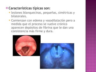 Características típicas son: lesiones blanquecinas, pequeñas, simétricas y bilaterales.  Comienzan con edema y vasodilatación pero a medida que el proceso se vuelve crónico aparecen depósitos de fibrina que le dan una consistencia más firme y dura.  