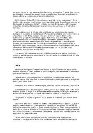 corresponde con la capa externa del músculo tiro-aritenoideo. El borde libre interno
es delgado y en estado de reposo, entre ambos bordes, delimitan un triángulo de
base posterior y vértice anterior denominado glotis.

  Su longitud es de 20-30 mm en el hombre y de 18-23 mm en la mujer. En el
adulto están situadas en el hombre en un plano horizontal de cuello que pasa por el
tercio superior del cuerpo de la 5ª vértebra cervical. En la mujer están situadas
más altas, correspondiéndose con la cara inferior del cuerpo de la 4ª vértebra
cervical.

   Macroscópicamente la cuerda esta constituida por un repliegue de mucosa
laríngea, el ligamento tiro-aritenoideo inferior, el músculo tiro-aritenoideo interno o
músculo de la CV. Entre músculo y mucosa existe un espacio despegable
submucoso que es el denominado espacio de Reinke, muy importante para
comprender ciertos fenómenos fonatorios y asiento de ciertos tumores
pseudoinflamatorios. El tercio posterior de este esqueleto está formado por la
apófisis vocal del aritenoides. Los dos tercios anteriores están formados por el
ligamento vocal, o ligamento tiro-aritenoideo inferior que prolonga la apófisis vocal
del aritenoides hasta alcanzar la escotadura tiroidea del CT. Son por tanto
estructuras ligamentarias y musculares.

  Con la edad las cuerdas se atrofian, especialmente la musculatura, pudiendo
aparecer las cuerdas más delgadas de lo normal, lo que se traduce en una voz más
quebrada en el anciano.




  Glotis.

   Se conoce como glotis, o hendidura glótica, al espacio delimitado por el borde
libre de ambas CV. Se ha diferenciar de la falsa glotis, que es el espacio delimitado
por las bandas ventriculares.

  La glotis en su conjunto presenta el aspecto de una hendidura alargada de
delante a atrás, que comunica el vestíbulo laríngeo o piso superior de la laringe con
la subglotis o piso inferior.

  Es la parte más estrecha de la laringe y tiene una función fonatoria y respiratoria.

  Sus medidas varias de unos sujetos a otros, siendo más larga y más ancha en el
hombre que en la mujer. Sus dimensiones también varían de un sujeto a otro en el
transcurso de la fonación y durante las diferentes fases de la respiración.

 Longitud de la hendidura glótica: 25-30 mm en el hombre y 20 a 25 mm en la
mujer.

  Se pueden diferenciar en ella dos partes: una anterior limitada por las CV, que es
la glotis interligamentaria y otra posterior limitada por las apófisis vocales de los
cartílagos aritenoides, que es la glotis intercartilaginosa. - Glotis interligamentaria o
glotis vocal. Tiene el aspecto de un triángulo isósceles, cuyo vértice se corresponde
con el diedro tiroideo y cuya base se corresponde con una línea transversal que une
la cima de las apófisis vocales.

  Las CV son órganos móviles que realizan movimientos de aproximación,
addución, y de separación, abducción, de la línea media y como resultado de los
 