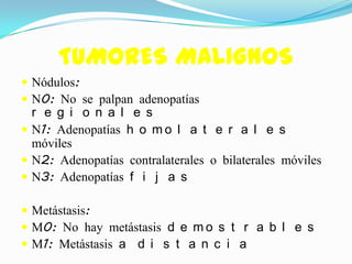 TUMORES MALIGNOS
 Nódulos:
 N0: No se palpan adenopatías
  r e g i o n a l e s
 N1: Adenopatías h o m o l a t e r a l e s
  móviles
 N2: Adenopatías contralaterales o bilaterales móviles
 N3: Adenopatías f i j a s

 Metástasis:
 M0: No hay metástasis d e m o s t r a b l e s
 M1: Metástasis a d i s t a n c i a
 