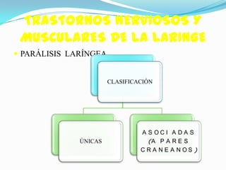 TRASTORNOS NERVIOSOS Y
 MUSCULARES DE LA LARINGE
 PARÁLISIS LARÍNGEA


                       CLASIFICACIÓN




                                A S OCI A DA S
              ÚNICAS              (A P A R E S
                                CRA NE A NOS )
 