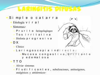 LARINGITIS DIFUSAS
 S i mp l e o c a t a r r a l
    Etiología v i r a l
    Síntomas:
       P r u r i t o faringolagíngeo
       To s i r r i t a t i v a
       Disfonía p r o g r e s i v a
   DX
       Clínico
       L a r i n g o s c o p i a i n d i r e c t a :
            Mu c o s a c o n g e s t i v a , b r i l l a n t e
              y e d e ma t o s a
   T T O
       Aliviar síntomas
       F l u d i f i c a n t e s , nebulizaciones, antitusígenos,
        analgésicos y antitérmicos.
 