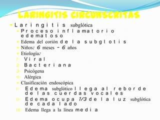 LARINGITIS CIRCUNSCRITAS
 L a r i n g i t i s subglótica
    P r o c e s o i n f l a ma t o r i o
      e d e ma t o s o
    Edema del corión d e l a s u b g l o t i s
    Niños: 6 meses – 6 años
    Etiología:
   1. V i r a l
   2. B a c t e r i a n a
   3. Psicógena
   4. Alérgica
    Clasificación endoscópica
   I. E d e m a subglótico l l e g a a l r e b o r d e
        d e l a s c u e r d a s v o c a l e s
   II. E d e m a o c u p a 1/3 d e l a l u z subglótica
        d e c a d a l a d o
   III. Edema llega a la línea m e d i a
 