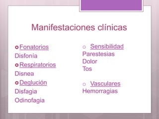 Manifestaciones clínicas
Fonatorios
Disfonía
Respiratorios
Disnea
Deglución
Disfagia
Odinofagia
o Sensibilidad
Parestesias
Dolor
Tos
o Vasculares
Hemorragias
 