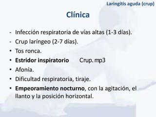 Laringitis aguda (crup)

                        Clínica
-   Infección respiratoria de vías altas (1-3 días).
-   Crup laríngeo (2-7 días).
•   Tos ronca.
•   Estridor inspiratorio      Crup. mp3
•   Afonía.
•   Dificultad respiratoria, tiraje.
•   Empeoramiento nocturno, con la agitación, el
    llanto y la posición horizontal.
 