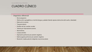 CUADRO CLÍNICO
• Diagnóstico diferencial
• Broncoespasmo
• Obstrucción supraglótica a nivel de lengua y paladar blando (apnea obstructiva del sueño, obesidad)
• Edema de vía aérea
• Traqueomalacia
• Parálisis de las cuerdas vocales
• Tetania por hipocalcemia severa
• Neumotórax
• Cuerpo extraño
• Aspiración pulmonar por presión negativa
• Edema agudo pulmonar por presión negativa
• Reversión inadecuada de relajantes neuromusculares
Revista EMIVA News 2020;20(4)
 