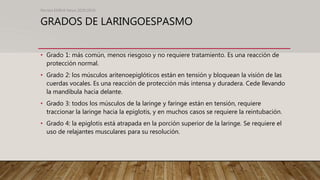GRADOS DE LARINGOESPASMO
• Grado 1: más común, menos riesgoso y no requiere tratamiento. Es una reacción de
protección normal.
• Grado 2: los músculos aritenoepiglóticos están en tensión y bloquean la visión de las
cuerdas vocales. Es una reacción de protección más intensa y duradera. Cede llevando
la mandíbula hacia delante.
• Grado 3: todos los músculos de la laringe y faringe están en tensión, requiere
traccionar la laringe hacia la epiglotis, y en muchos casos se requiere la reintubación.
• Grado 4: la epiglotis está atrapada en la porción superior de la laringe. Se requiere el
uso de relajantes musculares para su resolución.
Revista EMIVA News 2020;20(4)
 