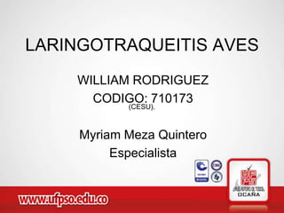 LARINGOTRAQUEITIS AVES
    WILLIAM RODRIGUEZ
      CODIGO: 710173
            (CESU).



     Myriam Meza Quintero
          Especialista
 