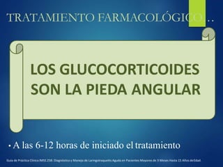 TRATAMIENTO FARMACOLÓGICO…
LOS GLUCOCORTICOIDES
SON LA PIEDA ANGULAR
Guía de Práctica Clínica IMSS 258: Diagnóstico y Manejo de Laringotraqueitis Aguda en Pacientes Mayores de 3 Meses Hasta 15 Años deEdad.
• A las 6-12 horas de iniciado el tratamiento
 