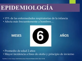 EPIDEMIOLOGÍA
• 15% de las enfermedades respiratorias de la infancia
• Afecta más frecuentemente a hombres…
MESES AÑOS
• Promedio de edad 2 años
• Mayor incidencia a fines de otoño y principio de invierno
Fuentes C. et al. Croup, tratamiento actual. Neumol Pediatr 2014; 9(2): 55-58.
 