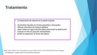 • El tratamiento de soporte es la piedra angular.
• Suministrar líquidos en tomas pequeñas y frecuentes
• Ofrecer alimentos de manera habitual
• Aseo nasal con agua hervida (tibia) para evitar la obstrucción
• Colocar al niño en posición semisentado
• Evitar la exposición al humo del tabaco
GPC Diagnóstico y manejo en Niños con Bronquiolitis en Fase aguda
Mandell, Gerald l. Bennett, Jhon E. Enfermedades infecciosas. Principios y Practica. 7ma Ed. Editorial Elsevier Churchill Livingstone.
 