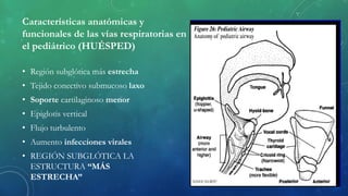 Características anatómicas y
funcionales de las vías respiratorias en
el pediátrico (HUÉSPED)
• Región subglótica más estrecha
• Tejido conectivo submucoso laxo
• Soporte cartilaginoso menor
• Epiglotis vertical
• Flujo turbulento
• Aumento infecciones virales
• REGIÓN SUBGLÓTICA LA
ESTRUCTURA “MÁS
ESTRECHA”
 