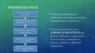 FISIOPATOLOGÍA
Infección VIRAL por
secreciones
Inflamación difusa, eritema,
edema de las vías resp.
Altas
Desciende de nariz-faringe-
laringe-tráquea
Estrechamiento laríngeo
causa estridor
Inflamación causa paresia
de las cuerdas vocales y
afonia
• “Causa más problemas la
inflamación sobre las estructuras
inmaduras que el virus en sí”
• El trastorno de base es un
EDEMA SUBGLÓTICO que
provoca disfonía y compromiso
de la vía aérea, causando tos
perruna, estridor y dificultad
respiratoria.
 
