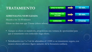 TRATAMIENTO
ADRENALINA NEBULIZADA
Mejoría a los 10-30 minutos
Efecto no dura más que 2 horas (efecto rebote)
• Aunque su efecto es transitorio, proporciona una ventana de oportunidad para
que el tratamiento con corticoides haga efecto.
• Nebulización con 3 a 5 ml de adrenalina al 1:1000 es un tratamiento seguro, con
escasos efectos adversos (ligero aumento de la frecuencia cardiaca).
 