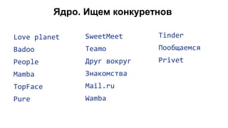 Ядро. Ищем конкуретнов
Love planet
Badoo
People
Mamba
TopFace
Pure
SweetMeet
Teamo
Друг вокруг
Знакомства
Mail.ru
Wamba
Tinder
Пообщаемся
Privet
 