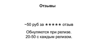 Отзывы
~50 руб за ★★★★★ отзыв
Обнуляются при релизе.
20-50 с каждым релизом.
 