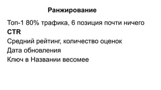 Ранжирование
Топ-1 80% трафика, 6 позиция почти ничего
CTR
Средний рейтинг, количество оценок
Дата обновления
Ключ в Названии весомее
 