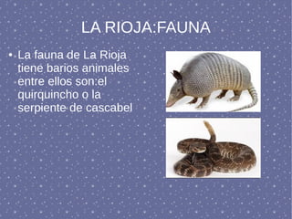 LA RIOJA:FAUNA
● La fauna de La Rioja
tiene barios animales
entre ellos son:el
quirquincho o la
serpiente de cascabel
 