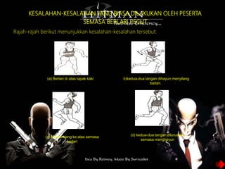 KESALAHAN-KESALAHAN YANG BIASA DILAKUKAN OLEH PESERTA
SEMASA BERLARI PECUT
Rajah-rajah berikut menunjukkan kesalahan-kesalahan tersebut:
(a) Berlari di atas tapak kaki (b)kedua-dua tangan dihayun menyilang
badan.
(c) Memandang ke atas semasa
berlari
(d) kedua-dua tangan diluruskan
semasa menghayun
 