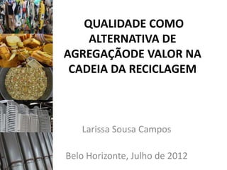 QUALIDADE COMO
    ALTERNATIVA DE
AGREGAÇÃODE VALOR NA
 CADEIA DA RECICLAGEM



   Larissa Sousa Campos

Belo Horizonte, Julho de 2012
 